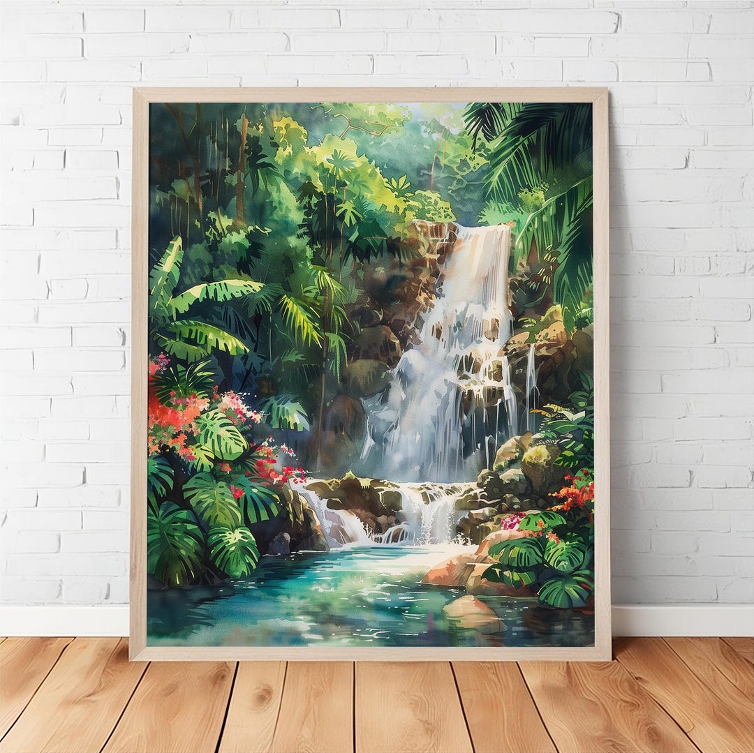 Watercolor Waterfall Wall Art, Tropical Jungle Landscape Printable ...