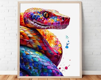 Vibrant Rainbow Python Portrait - Colorful Watercolor Reptile Art Print, Instant Download, Snake Wall Decor