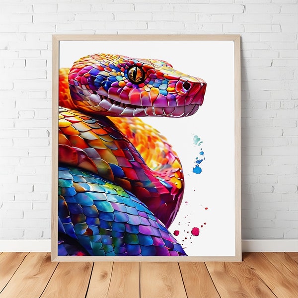 Vibrant Rainbow Python Portrait - Colorful Watercolor Reptile Art Print, Instant Download, Snake Wall Decor