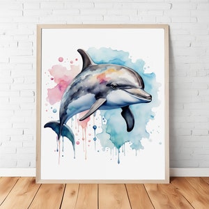Colorful Watercolor Cute Dolphin Painting, Nursery Wall Art, Girl Room Decor