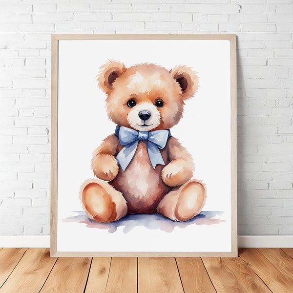 Colorful Watercolor Teddy Bear Portrait: Digital Printable, Cute Bow-Adorned Illustration, Instant Download