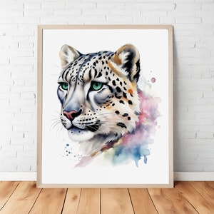 Wild Elegance: Captivating Snow Leopard Watercolor Portrait, Big Cat Wall Art, Animal Wall Decor
