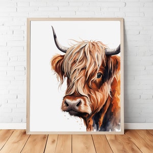 Funny Watercolor Highland Cow Portrait, Cattle Wall Art