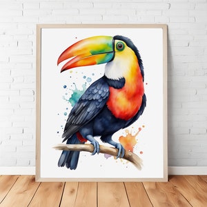 Tropical Elegance: Colorful Toucan Watercolor Digital Printable Wall Art, Tropical Bird Decor