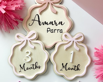 Marco de lazo, conjunto de hitos mensuales, regalo para baby shower, hito con lazo, letreros con fotos de hitos mensuales, hito mensual, habitación de bebé niña