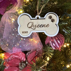 Dog Bone Ornament, Pet Christmas Ornament, Personalized Pet Gift, Engraved Pet Name Paw Ornament, Personalized Wood Ornament, Wooden Gift