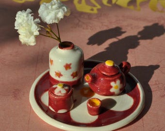 Miniature Dollhouse Daisy Tea Set: Handmade Ceramic Tiny Pottery