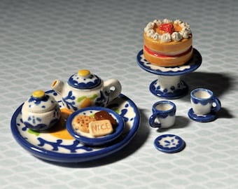 Miniature Lemon Tea Set / 1:12 Scale / Mediterranean Style Tiny Ceramic Dollhouse Collection