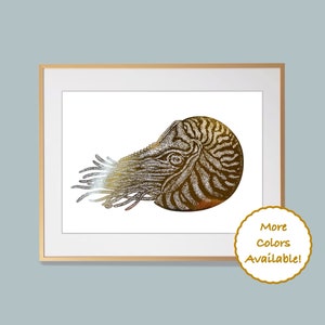 Créature marine dorée irisée dessinée à la main, impression d&#39;art en feuille de coquille de nautile chambré