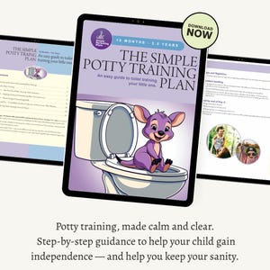 May include: A digital tablet displays "The Simple Potty Training Plan" for children aged 18 months to 3.5 years. The cover features a purple cartoon animal on a toilet. The text reads "An easy guide to toilet training your little one."