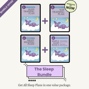 May include: Digital bundle offer of sleep training plans on tablets. Each plan shows a cartoon kangaroo on a cloud with a moon and stars. The bundle is titled "The Sleep Bundle" and includes the text "Get All Sleep Plans in one value package."