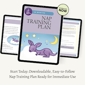 May include: A digital nap training plan displayed on three tablets. The main tablet shows a purple kangaroo illustration with a moon and stars, and the text "NAP TRAINING PLAN." The plan is for babies 4.5+ months old. A "DOWNLOAD NOW" button is visible.