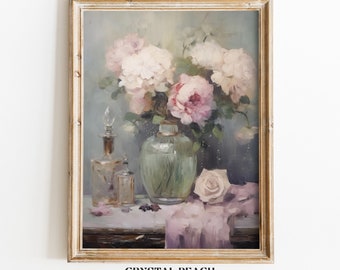 Perfume Bottle and Peonies Digital Print - Antique Coquette Bathroom Wall Art - Modern Vintage Apartment Decor - Still Life Flowers in Vase