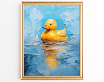 Cute Duck Digital Print - Kids Bathroom Wall Art - Modern Apartment Decor - Farmhouse Washroom - Rubber Duck Oil Painting - Restroom Decor