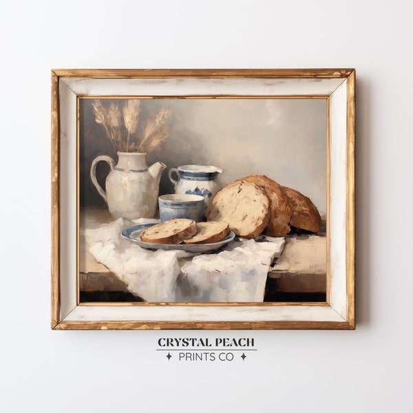 Blue Pottery and Bread Digital Print - Rustic Farmhouse Kitchen Still Life Wall Art - Bakery Shop Decoration - Vintage Oil Painting Print