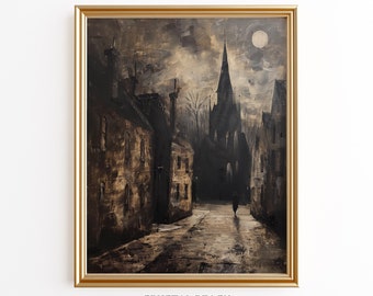 Full Moon Night Digital Print -  Halloween Gothic Home Decor - Wiccan Art - Horror Oil Painting - Dark Academia - Victorian Dark Wall Art