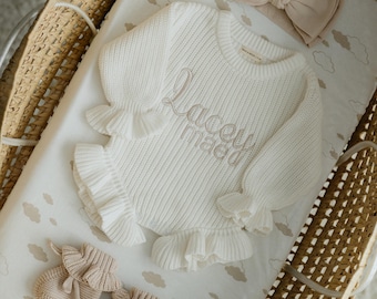 baby girl knit ruffle chunky romper set custom embroider newborn outfit bow booties blanket announcement photo  coming home shower gift