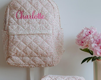 Custom embroidered quilted flower backpack monogrammed pink blue floral custom school personalized travel diaper hospital boho weekend bag