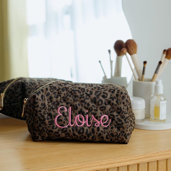 Personalized leopard cosmetic bag quilted makeup pouch custom name toiletry case travel organizer gift for women bridal gift zipper bag