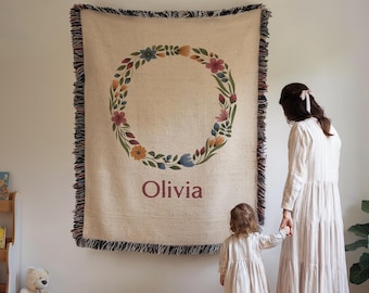 Personalized baby blanket girl custom name woven blanket floral initial baby shower gift newborn girl nursery decor boho keepsake blanket