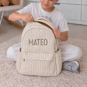Personalized kids backpack custom embroidered name quilted school bag boys girls neutral gingham monogram elementary school custom book bag