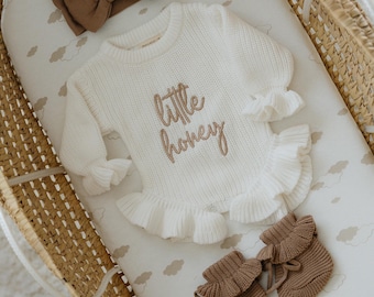 personalize baby girl knit ruffle outfit custom embroider newborn coming home first photo ruffle onesie® matching bow booties shower gift