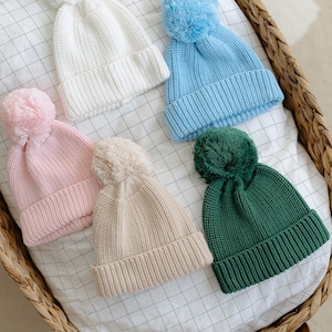 knit baby hat beanie pom newborn going home birth announcement photo outfit knit set