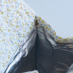 K&ouml;nnte beinhalten: Nahaufnahme einer isolierten Lunchtasche mit floralem Muster. Die Tasche hat einen wei&szlig;en Hintergrund mit kleinen blauen Blumen und gr&uuml;nen Bl&auml;ttern. Der Innenraum ist silberfarben und isoliert, um Lebensmittel auf der gew&uuml;nschten Temperatur zu halten.