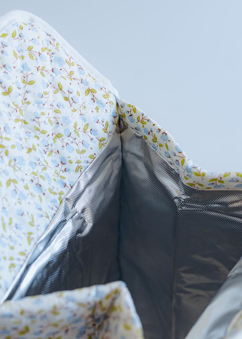 K&ouml;nnte beinhalten: Nahaufnahme einer isolierten Lunchtasche mit floralem Muster. Die Tasche hat einen wei&szlig;en Hintergrund mit kleinen blauen Blumen und gr&uuml;nen Bl&auml;ttern. Der Innenraum ist silberfarben und isoliert, um Lebensmittel auf der gew&uuml;nschten Temperatur zu halten.