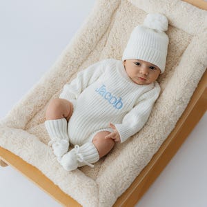 Bordado personalizado, mameluco de punto grueso para bebé, unisex, para llegada a casa, foto de hito, anuncio, suéter personalizado, nombre, lazo, sombrero, botines.