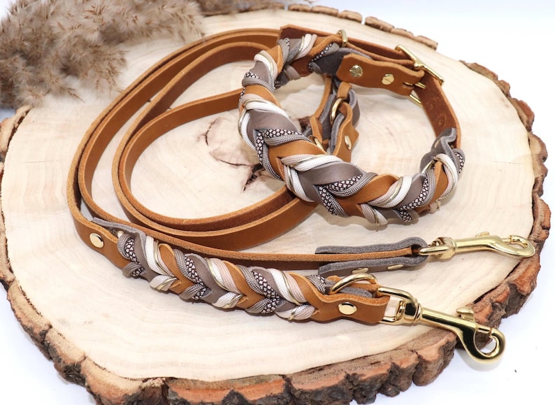Leather dog collar and leash set, braided with paracord in beige and taupe image 2