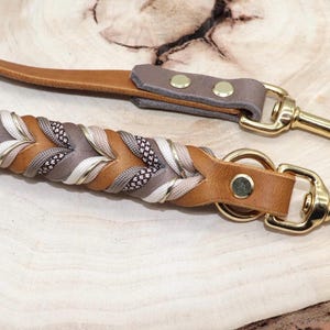 May include: A brown leather dog leash with a braided accent in brown, beige, and white. The leash has two gold metal clips.