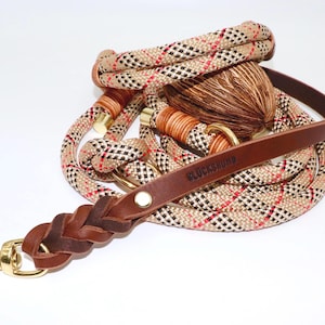 Rope leash rope collar collar and leash set leash adjustable with fat leather hand strap beige checked