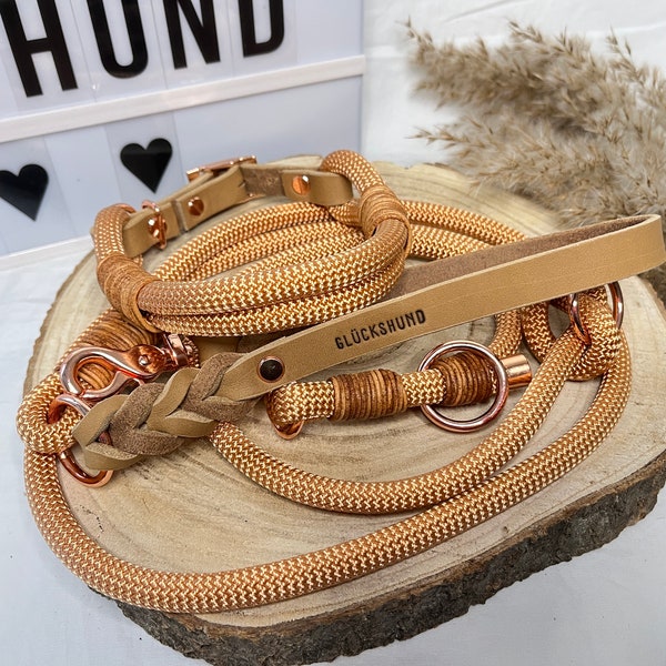 Hundehalsband Tau und Leine Set mit weicher Leder Handschlaufe