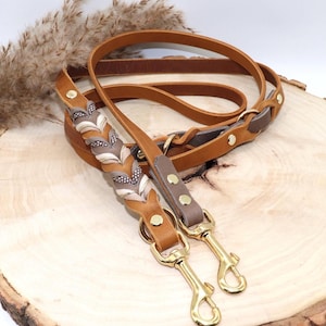 May include: A brown leather dog leash with a braided accent in brown, white, and beige. The leash has two gold metal clips.