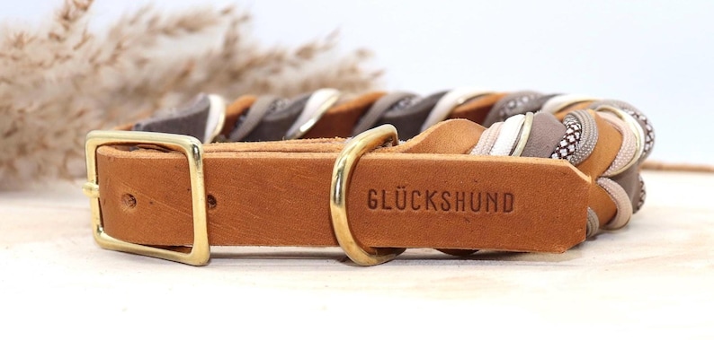 Leather dog collar and leash set, braided with paracord in beige and taupe image 3