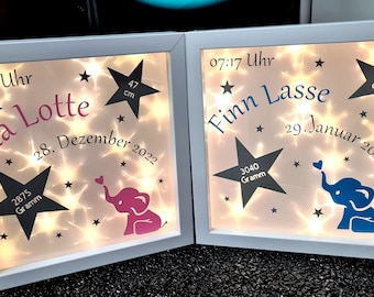 personalisierter Leuchtrahmen; individueller Bilderrahmen mit Namen; Geburtsdaten; Geschenk; Mädchen, Junge, Baby
