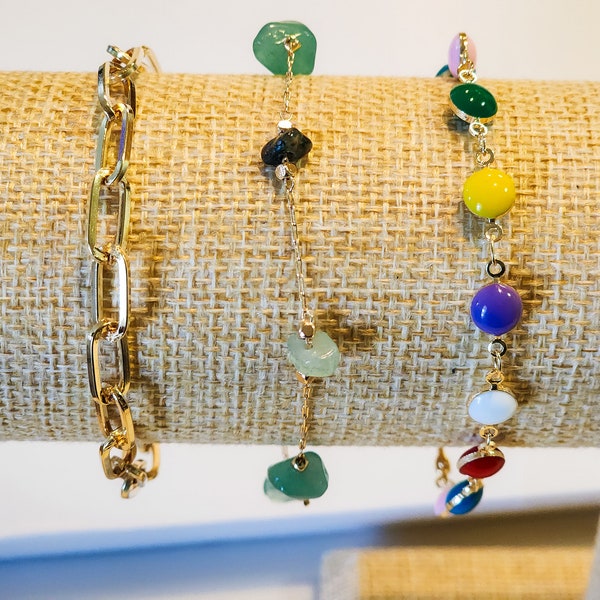 Minimalist Bracelet Chains, Dainty Everyday Jewelry, Gold Paperclip Bracelet, Jade Gemstone Bracelet, Jade Bracelet, Colorful Gold Bracelet