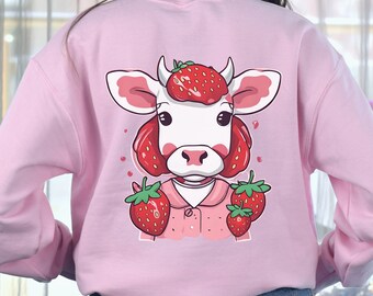 Strawberry Cow Sweatshirt Strawberry Cow Shirt Strawberry Cardigan Strawberry Sweater Strawberry Sweatshirt Pink Cow Gift Cow Lover Cute