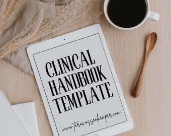 Könnte beinhalten: Ein weißes Tablet mit einem schwarzen Bildschirm, auf dem der Text "CLINICAL HANDBOOK TEMPLATE" und die Website-Adresse "www.tarawossencemper.com" angezeigt werden.
