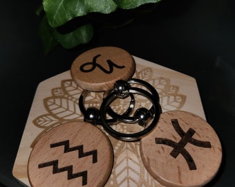 Zodiac Sign Wooden Keychain Ring