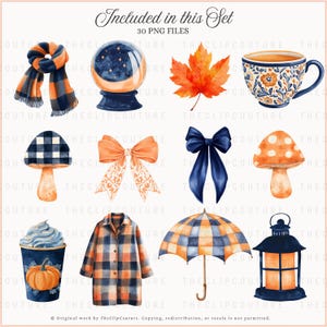 May include: A collection of watercolor illustrations featuring autumn-themed items. Includes a scarf, a snow globe, a maple leaf, a teacup, a mushroom, a bow, a bow tie, a coffee cup, a plaid shirt, an umbrella, and a lantern. The text "Included in this Set" is at the top.