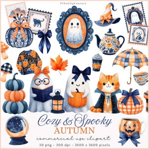 May include: Watercolor illustrations of autumn-themed objects. Includes pumpkins, ghosts, a cat, a witch's hat, a teapot, and a snow globe. The color palette features orange, navy blue, and white. The text "Cozy & Spooky Autumn" is also present.