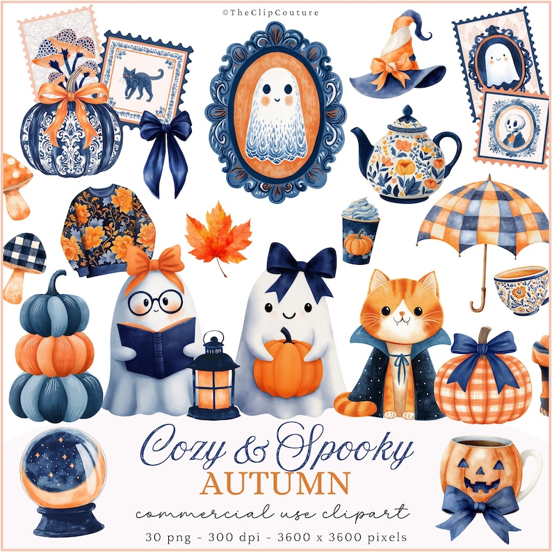 May include: Watercolor illustrations of autumn-themed objects. Includes pumpkins, ghosts, a cat, a witch's hat, a teapot, and a snow globe. The color palette features orange, navy blue, and white. The text "Cozy & Spooky Autumn" is also present.