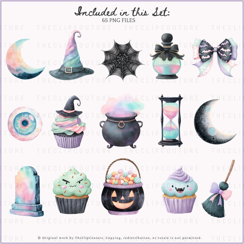 May include: A collection of watercolor Halloween-themed clip art. Includes a witch's hat, spider web, potion bottle, bow, eyeball, cupcakes, cauldron, hourglass, moon, tombstone, jack-o'-lantern basket, and broom. The text "Included in this Set: 65 PNG FILES" is at the top.