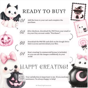 May include: A digital art graphic with a Halloween theme. The image includes a bat, a jack-o'-lantern, a ghost, and a witch's cauldron. Text reads "READY TO BUY?" and "HAPPY CREATING!" with instructions for purchasing and using the digital art.
