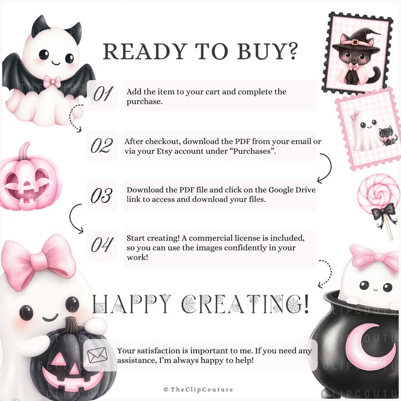 May include: A digital art graphic with a Halloween theme. The image includes a bat, a jack-o'-lantern, a ghost, and a witch's cauldron. Text reads "READY TO BUY?" and "HAPPY CREATING!" with instructions for purchasing and using the digital art.