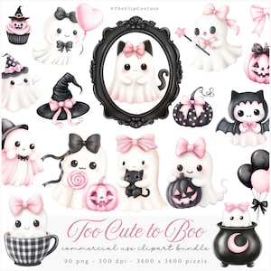 May include: A set of adorable Halloween-themed clipart in black, white, and pink. The illustrations include ghosts, pumpkins, and bats, some with bows and holding items. The text "Too Cute to Boo" is displayed at the bottom of the image.