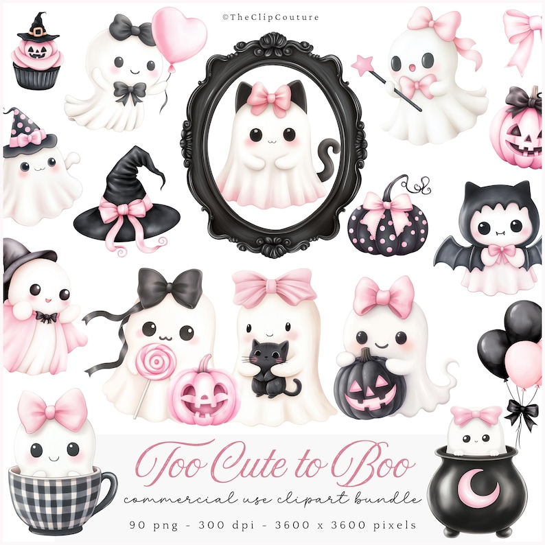 May include: A collection of cute Halloween-themed clipart featuring ghosts, pumpkins, bats, and witch hats in black, white, and pink. Some ghosts have bows and hold balloons or lollipops. The text "Too Cute to Boo" is displayed at the bottom.