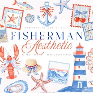 Clipart estetica del pescatore, nucleo del pescatore della civetta costiera, clipart di sardine, grafica del marinaio, pacchetto PNG di addio al nubilato della marina da spiaggia vintage